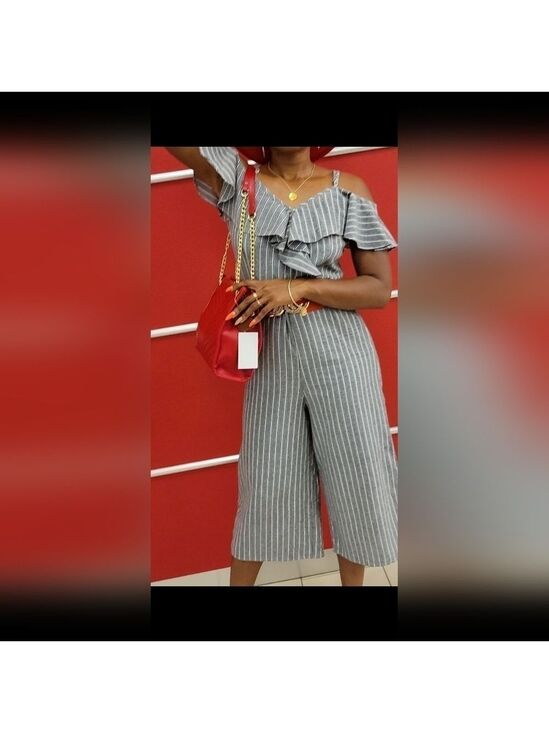 Umgee Pants - UMGEE -  Gray & White Striped Cold-Shoulder Ruffle Jumpsuit